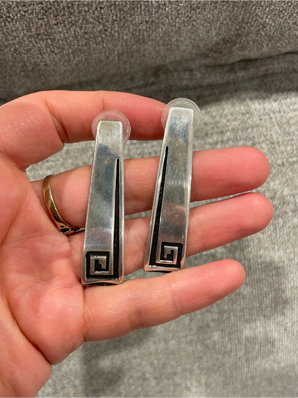 Geometric Silver-Tone Clip Earrings - Black Inlay